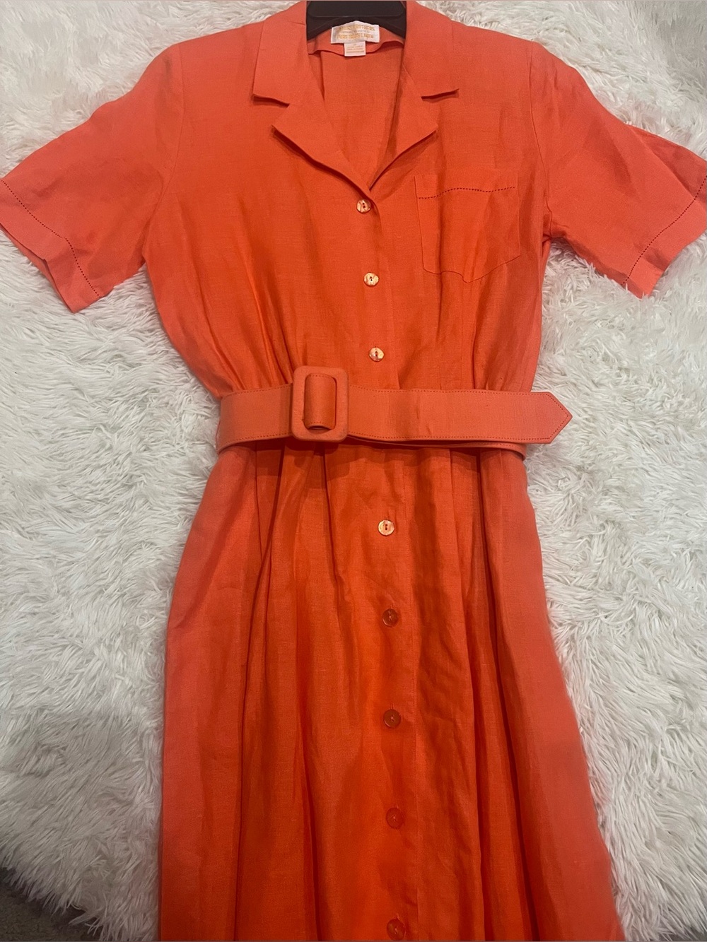 Linen Brooks Brothers Short-Sleeve Belted Shirt Midi Dress Size 10 Orange